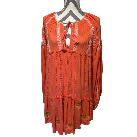 Free People Wild Horses Mini Dress Persimmon Orange Small Boho Hippie - Picture 1 of 8